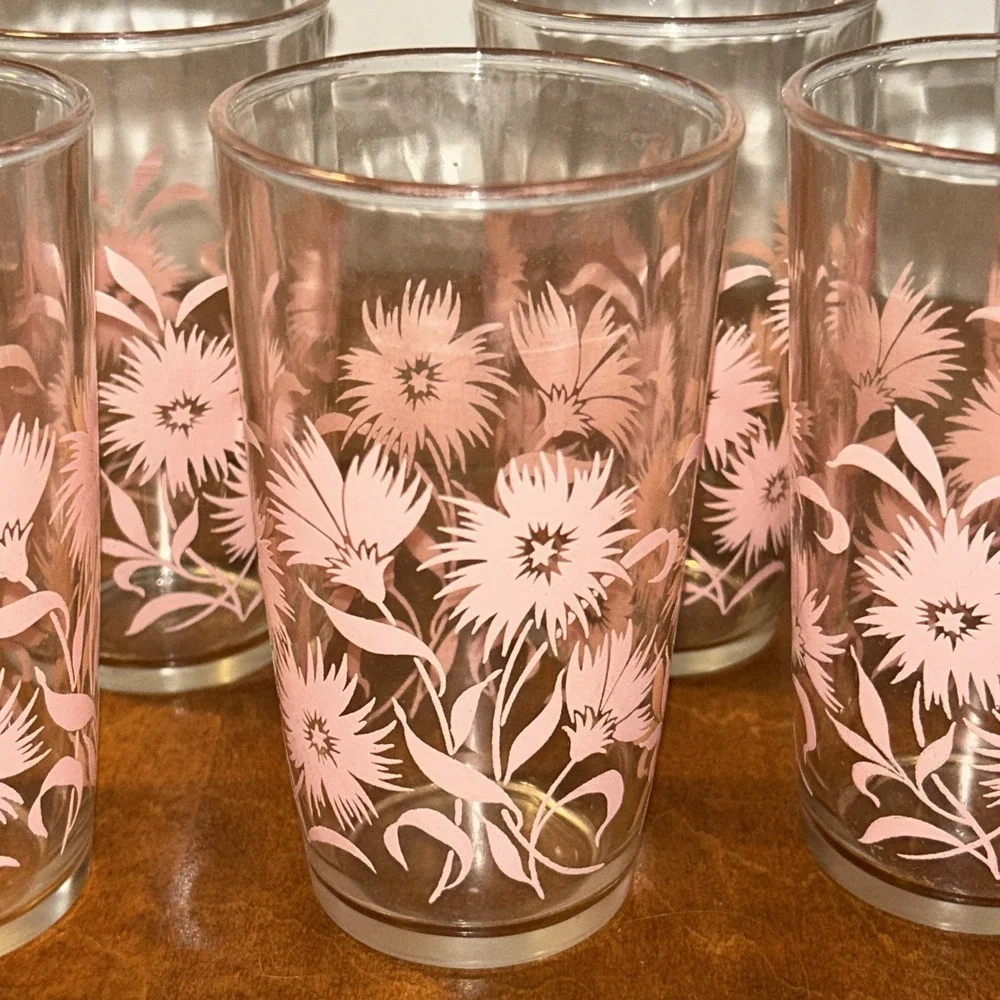 Hazel Atlas Tumbler: Mid Century Pink Flower Glassware Set Of 6